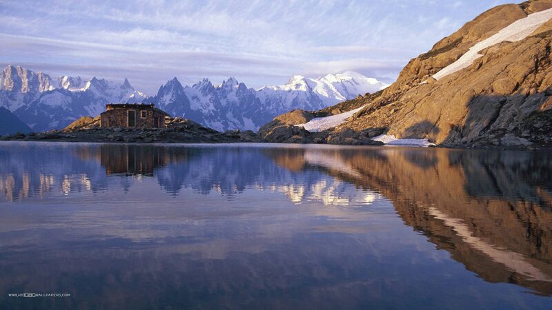 Mountain Hut by Lake — Blue
