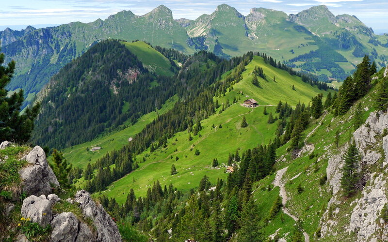 Mountain Hut in Alpine Valley — Green, Serene