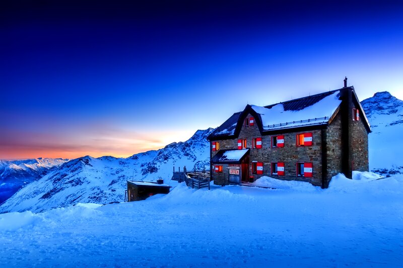 Mountain Hut in Snow — Blue, Serene