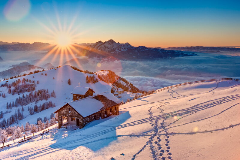 Mountain Hut in Snow — Blue