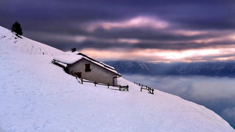 Mountain Hut in Snow — White, Dramatic