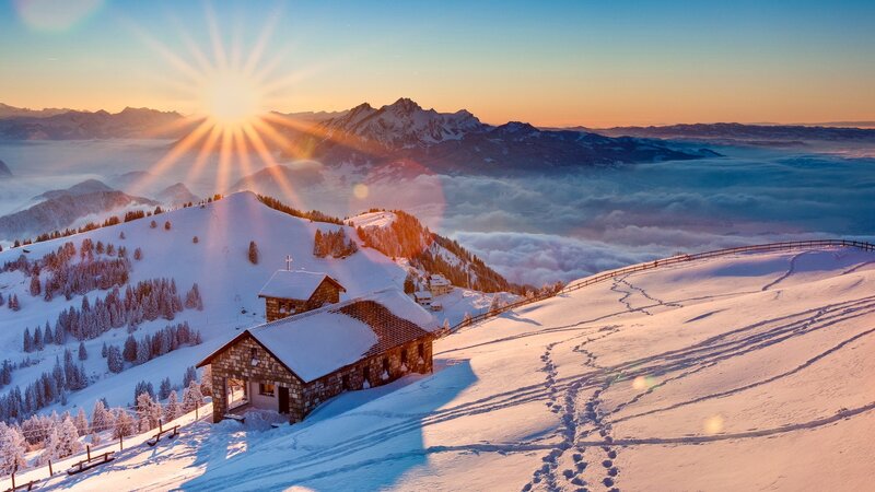 Mountain Hut in Snow — White, Serene