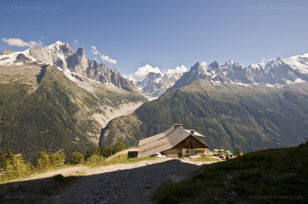 Mountain hut with alpine peaks