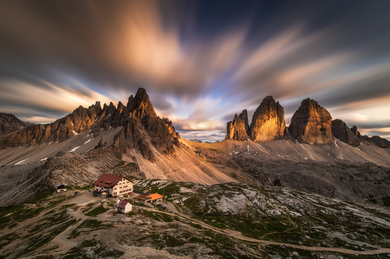 Mountain Huts at Sunrise — Brown