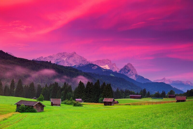Mountain Huts at Sunset