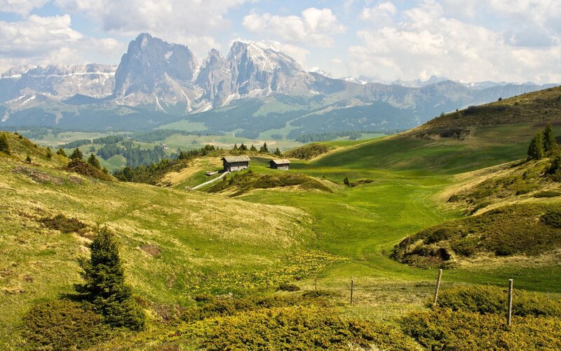Mountain Huts in Alpine Valley — Green