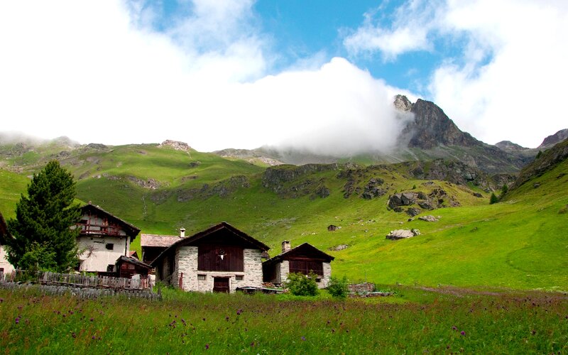 Mountain Huts in Valley — Green, Serene, Afternoon