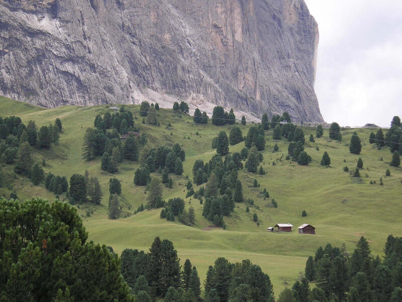 Mountain Huts in Valley — Green, Serene, Photograph