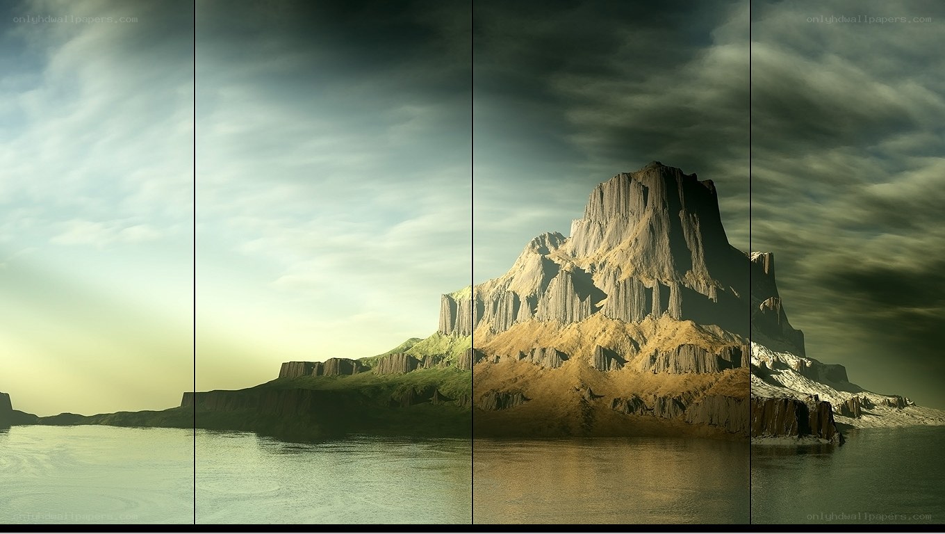Mountain island at sunset