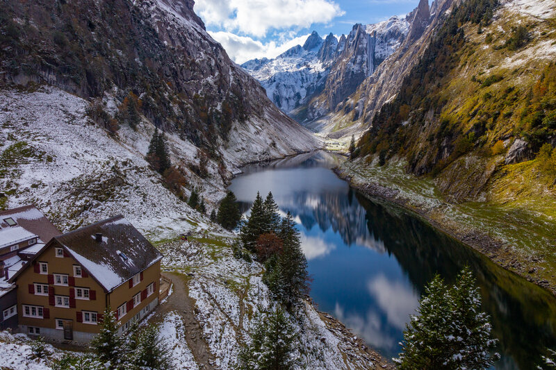 Mountain Lake and Cabin — Blue
