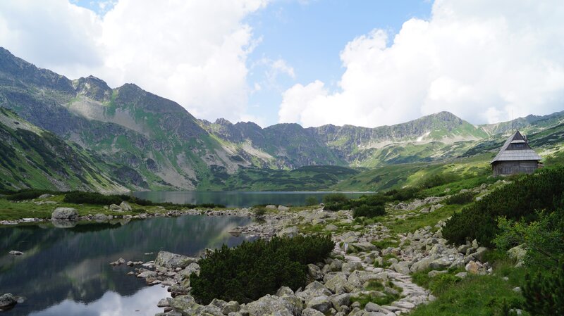Mountain Lake and Cabin — Green