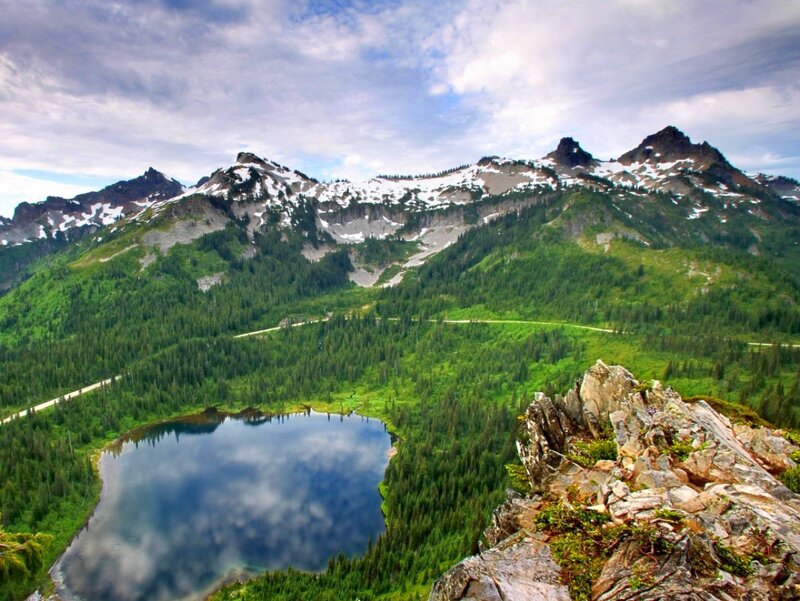 Mountain Lake and Forest — Green, Serene, Afternoon, Photograph, Mountains, Road
