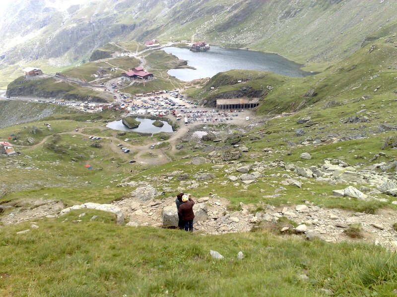 mountain lake and parking area