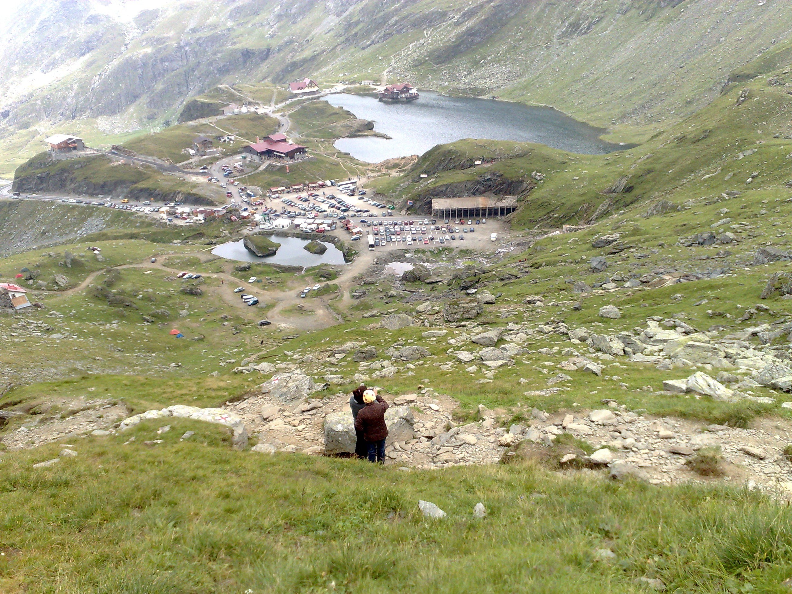 mountain lake and parking area