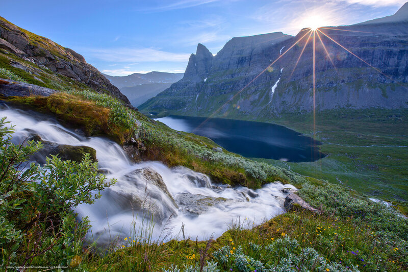 Mountain Lake and Waterfall — Blue