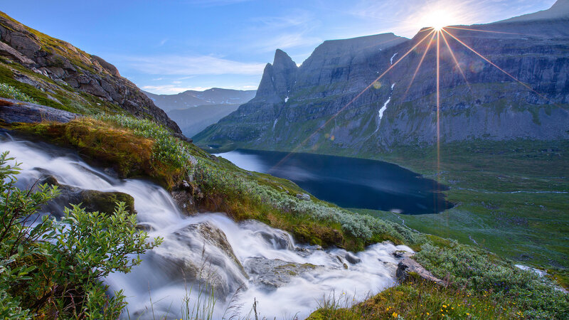 Mountain Lake and Waterfall