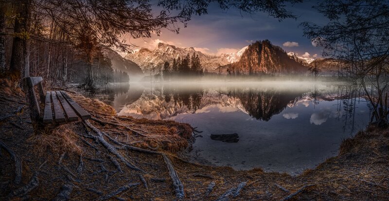 Mountain Lake at Dawn — Blue, Serene, Morning, Photograph, Bench