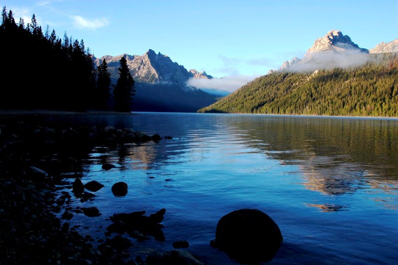 Mountain Lake at Dawn — Blue, Serene, Morning, Photograph, Mountains, Forest