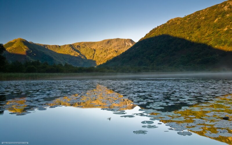 Mountain Lake at Dawn — Blue, Serene, Morning, Photograph, Mountains, Lily Pads
