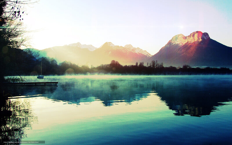 Mountain Lake at Dawn — Blue, Serene, Morning, Photograph, Mountains, Mist