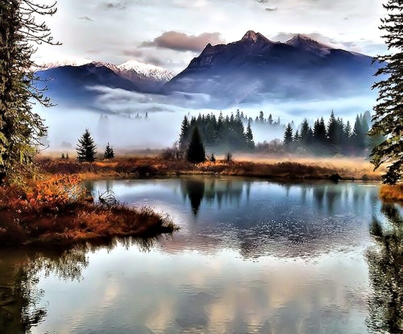 Mountain Lake at Dawn — Blue, Serene, Morning, Photograph, Mountains
