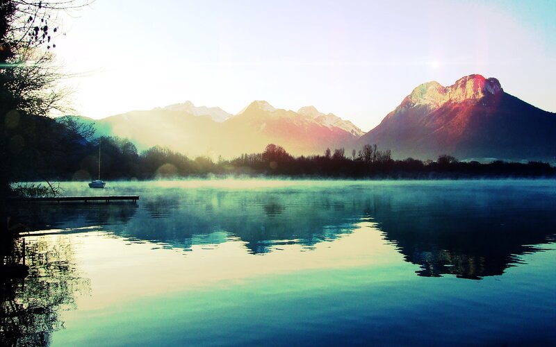 Mountain Lake at Dawn — Blue, Serene, Morning