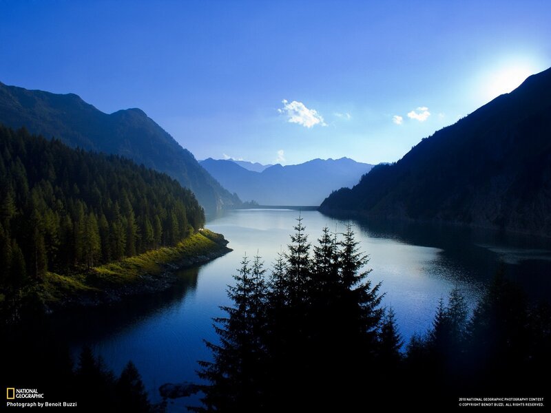 Mountain Lake at Dawn — Blue, Serene, Photograph, Mountains, Forest, Sky