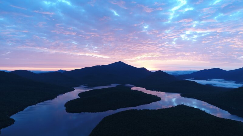 Mountain Lake at Dawn — Blue, Serene, Sunrise, Photograph, Mountains, Clouds