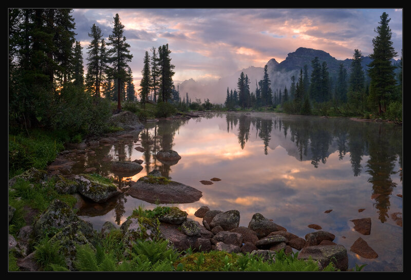 Mountain Lake at Dawn — Blue, Serene, Sunrise, Photograph, Trees, Rocks