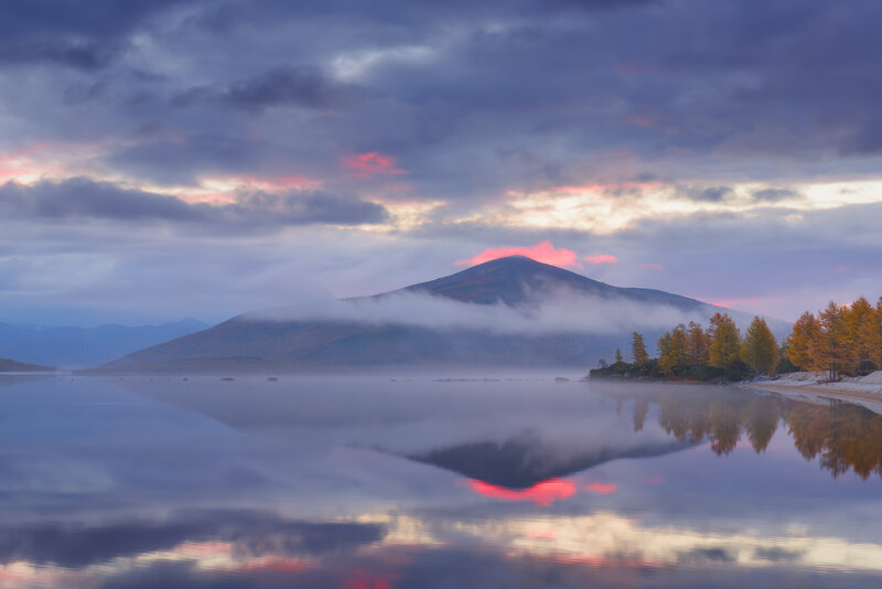 Mountain Lake at Dawn — Blue, Serene, Sunrise, Photograph, Trees