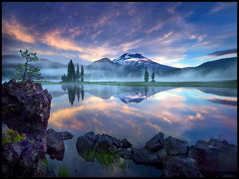 Mountain Lake at Dawn — Blue, Serene, Sunrise