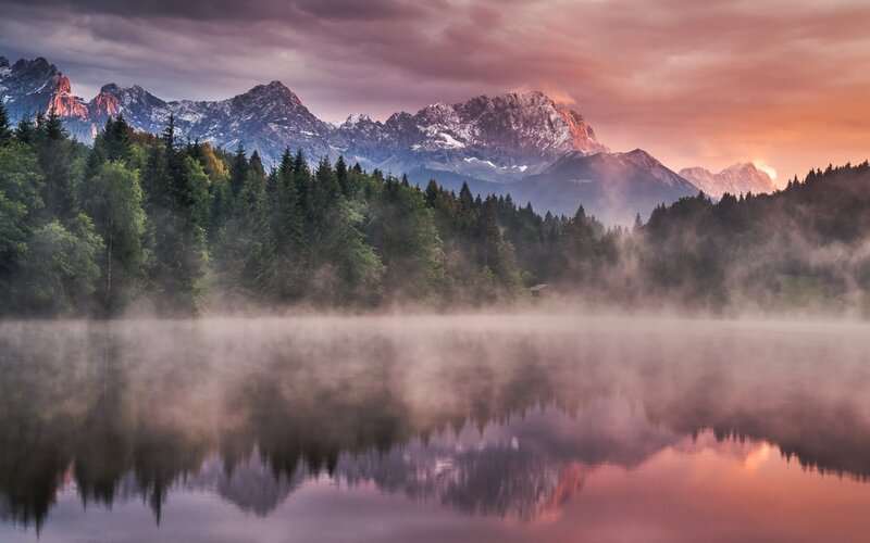 Mountain Lake at Dawn — Purple, Serene, Sunrise, Photograph, Forest