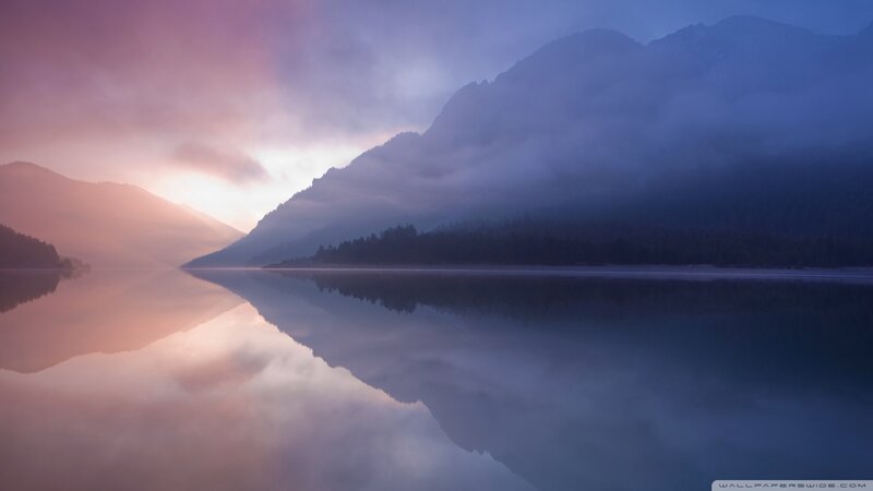 Mountain Lake at Dawn — Purple, Serene, Sunrise