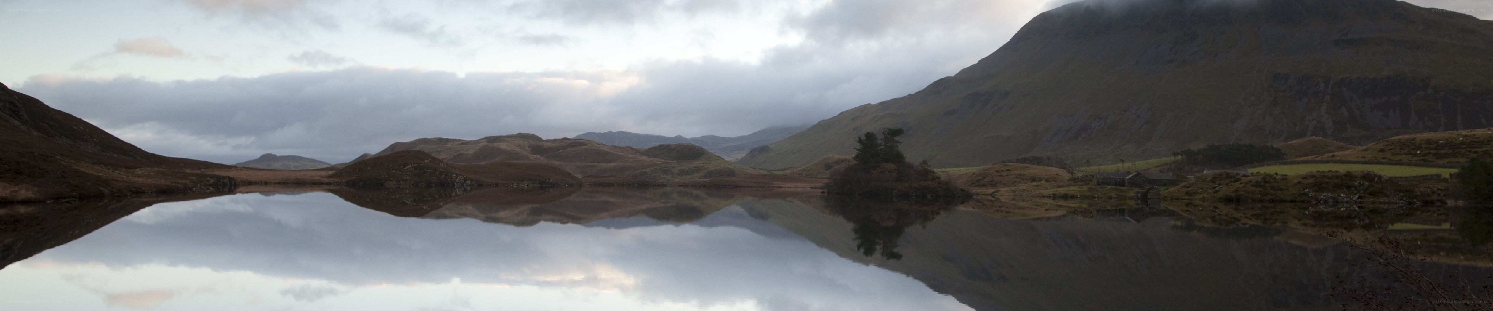 mountain lake at dusk