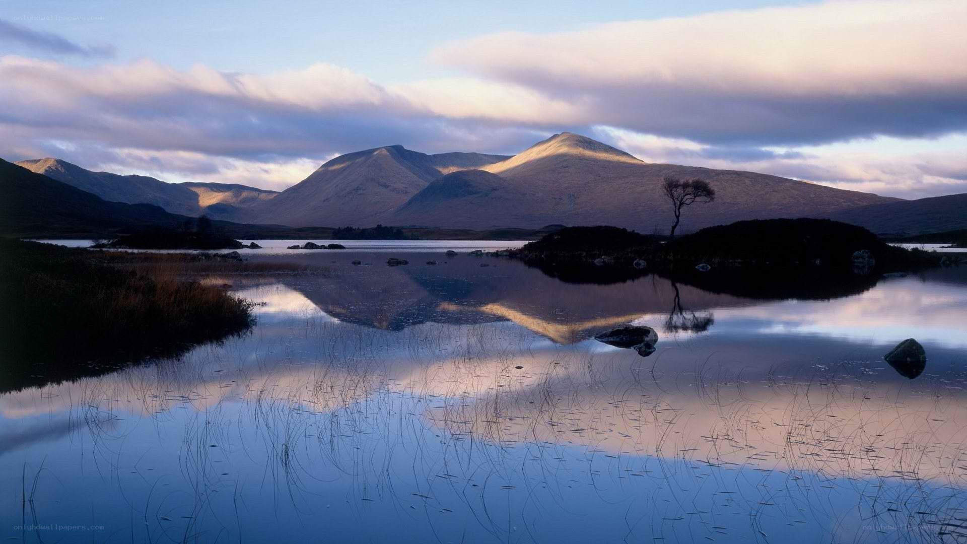 Mountain lake at dusk