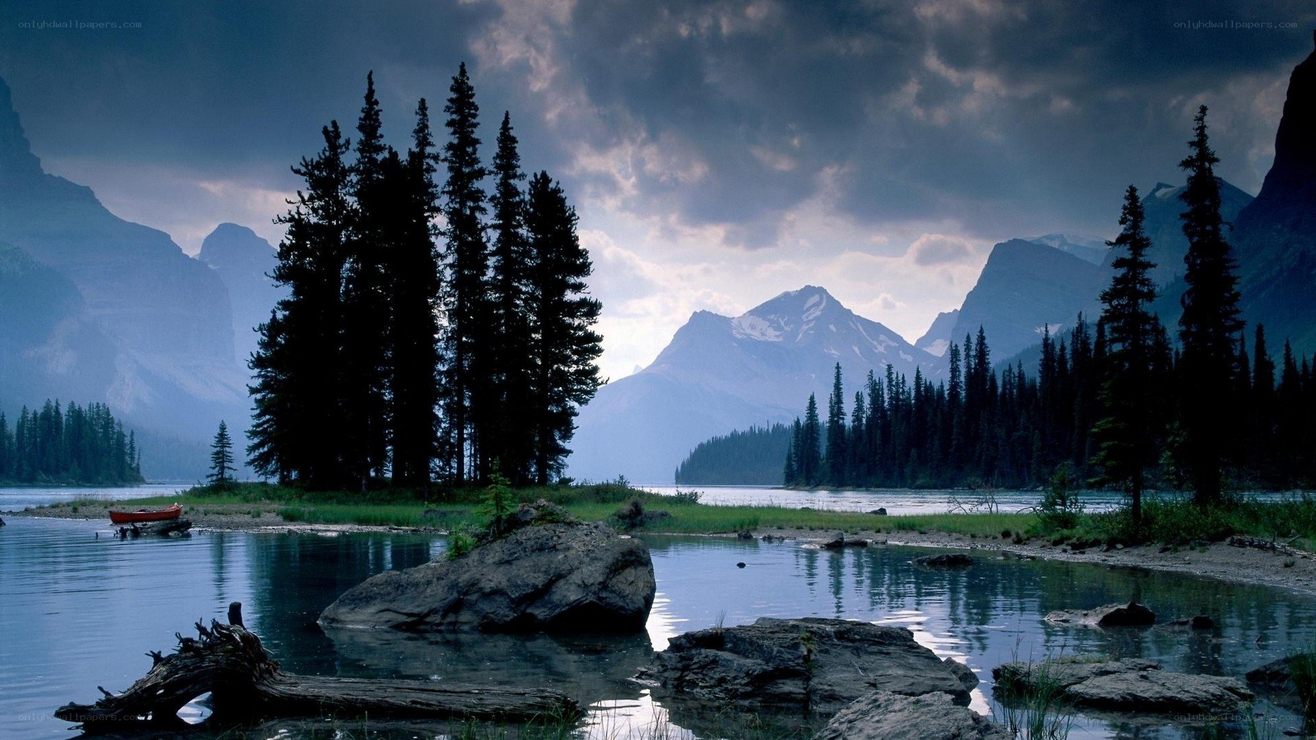 Mountain lake at dusk