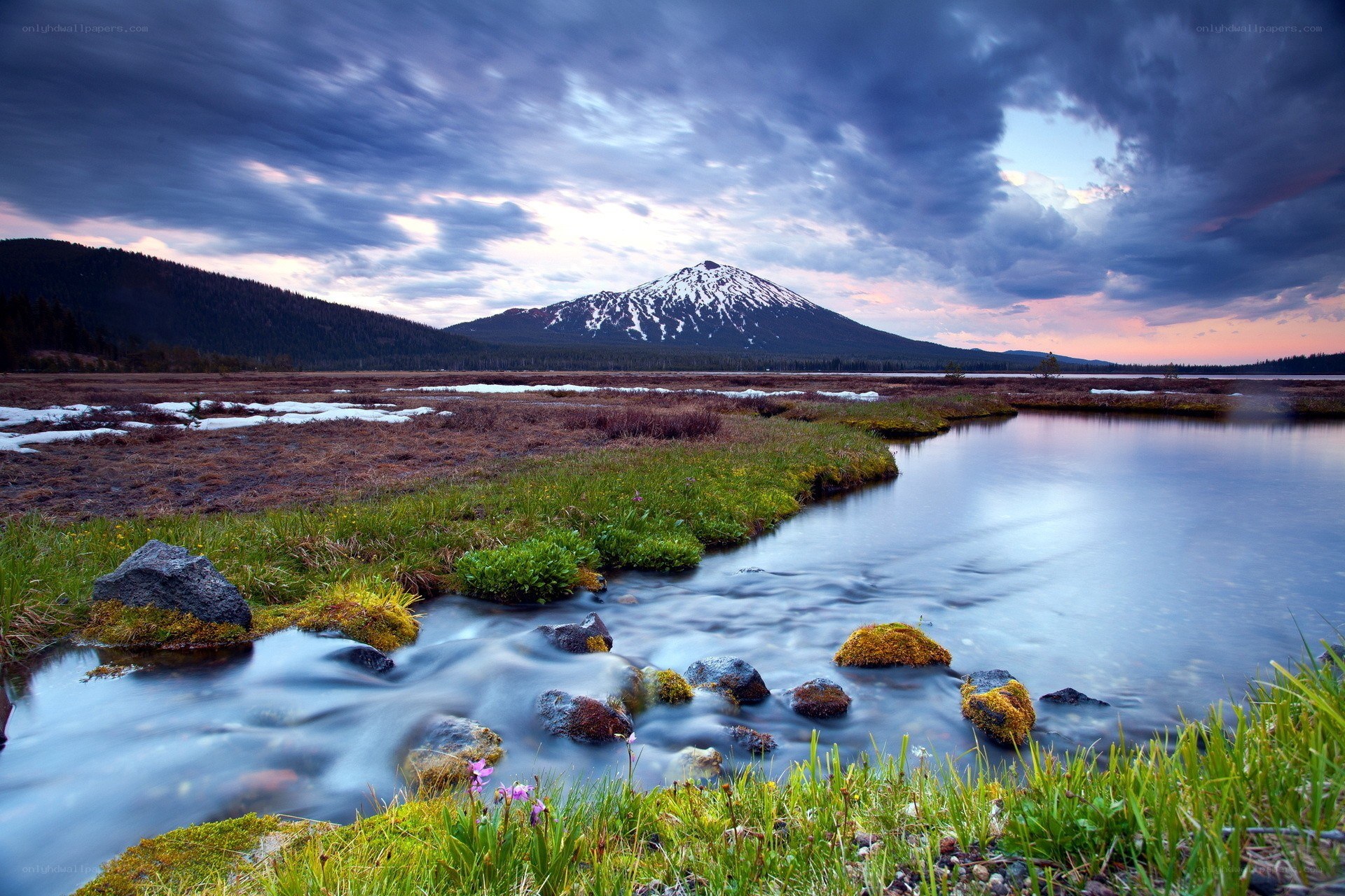 Mountain lake at dusk