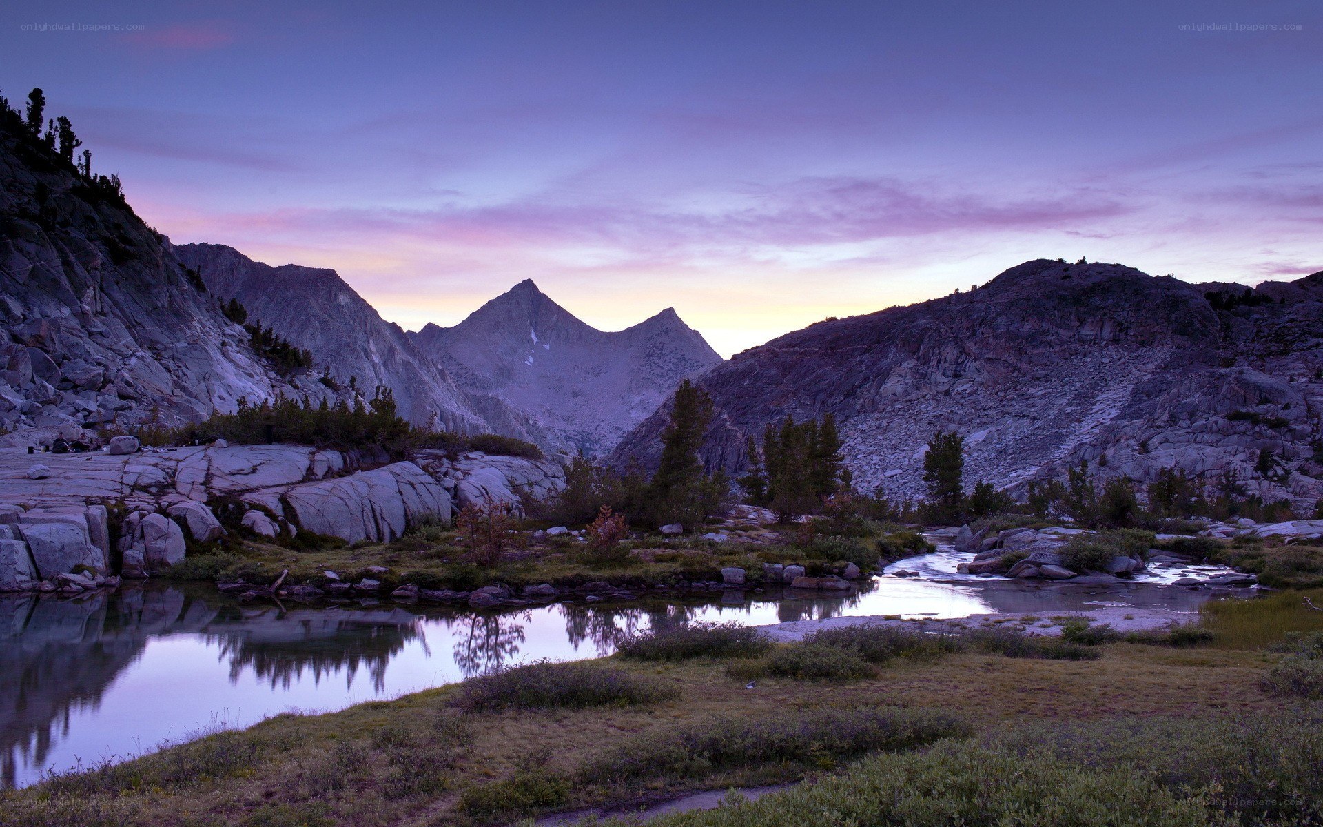 Mountain lake at dusk