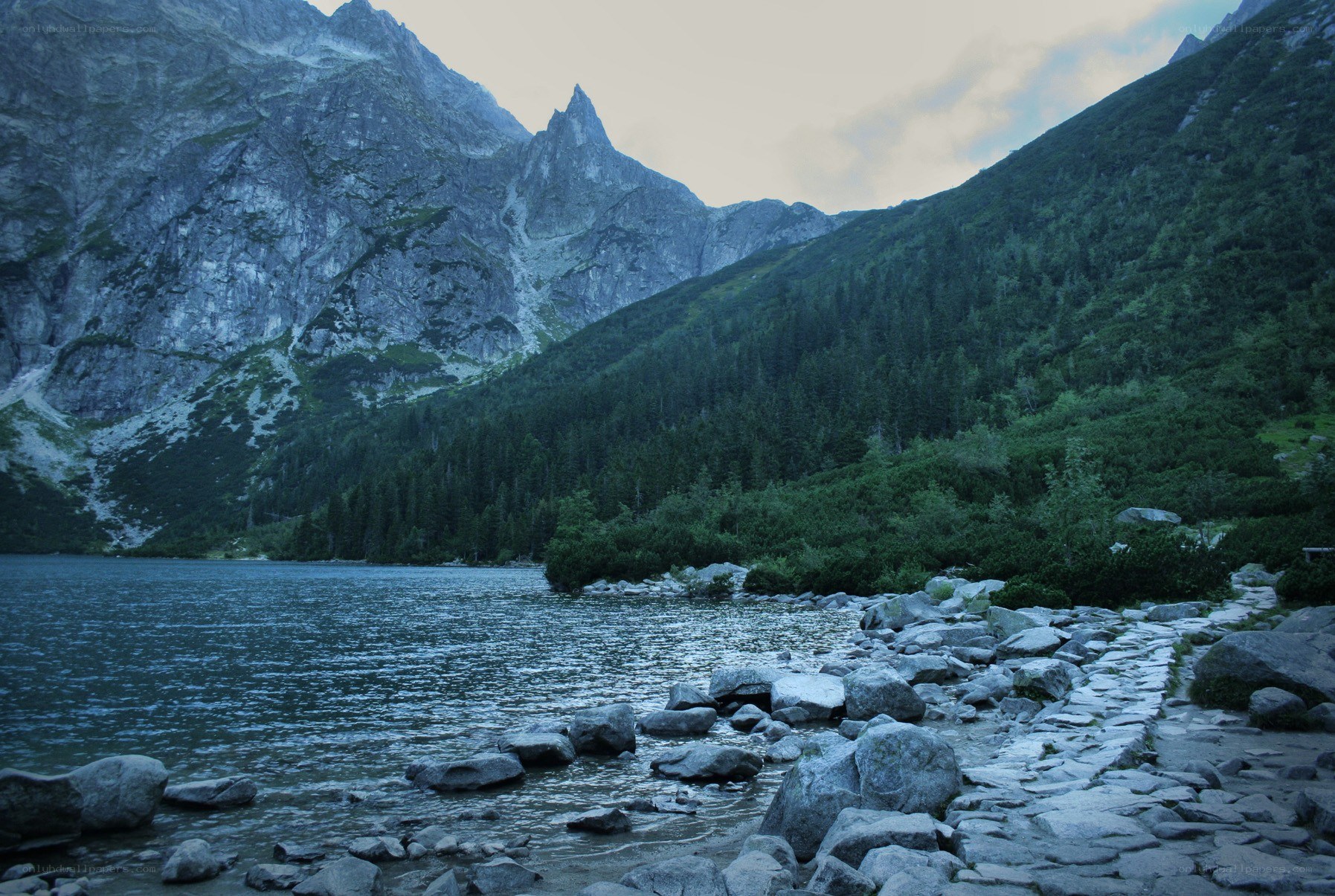 Mountain lake at dusk