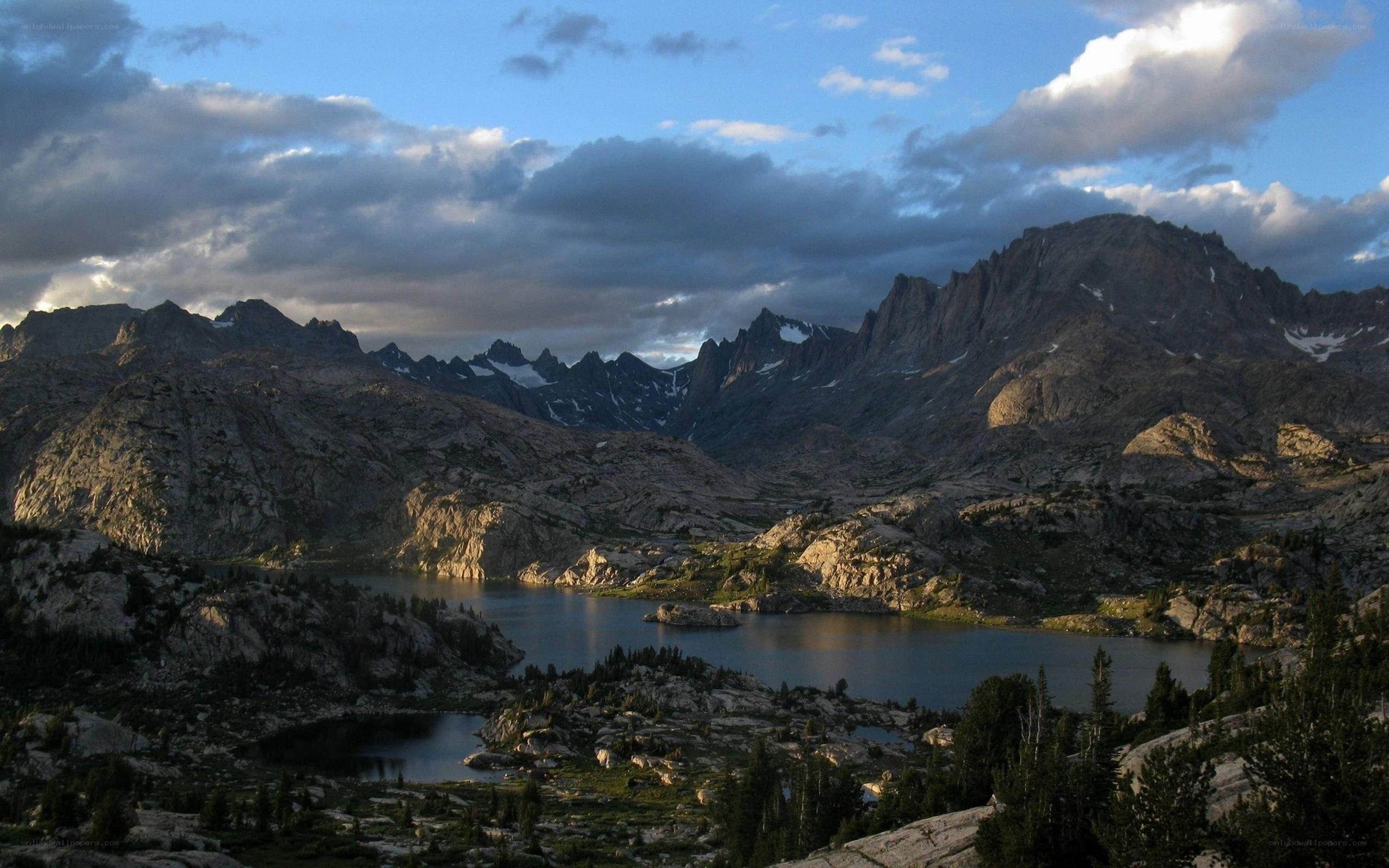 mountain lake at dusk