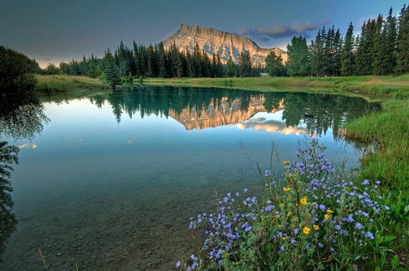 Mountain lake at dusk