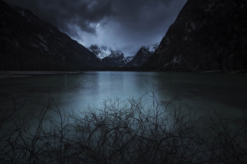 Mountain Lake at Dusk — Blue, Dramatic, Night, Photograph, Mountains, Clouds, Branches