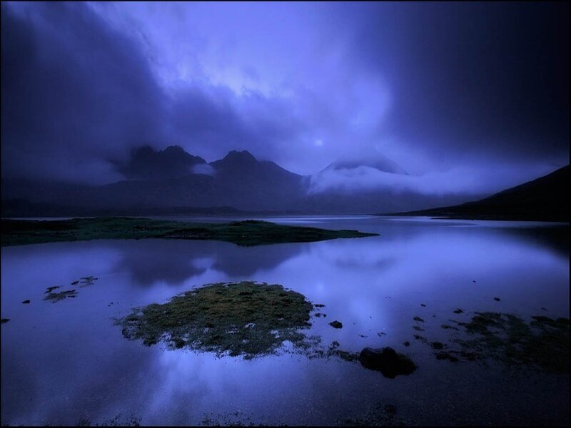 Mountain Lake at Dusk — Blue, Dramatic, Night, Photograph, Mountains, Clouds, Island