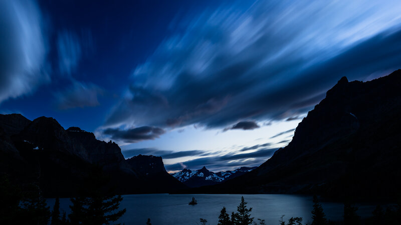 Mountain Lake at Dusk — Blue, Dramatic, Night, Photograph, Mountains, Clouds