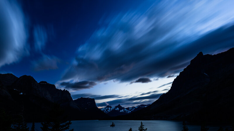 Mountain Lake at Dusk — Blue, Dramatic, Night, Photograph, Mountains, Clouds, Trees