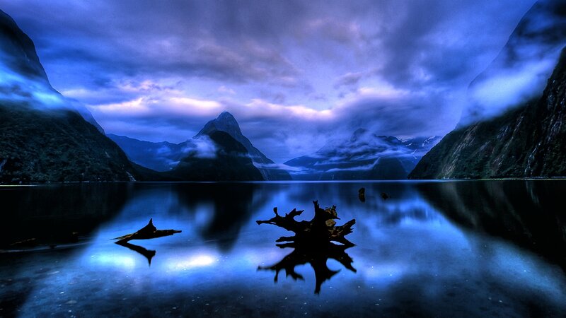 Mountain Lake at Dusk — Blue, Dramatic, Night