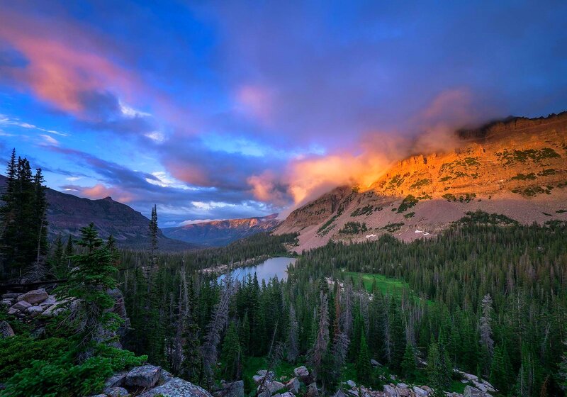 Mountain Lake at Dusk — Blue, Dramatic, Sunset, Photograph, Forest