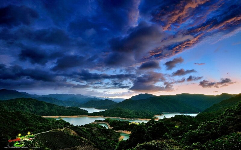 Mountain Lake at Dusk — Blue, Dramatic, Sunset, Photograph, Mountains, Clouds
