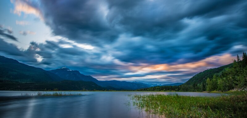 Mountain Lake at Dusk — Blue, Dramatic, Sunset, Photograph, Mountains, Clouds, Trees