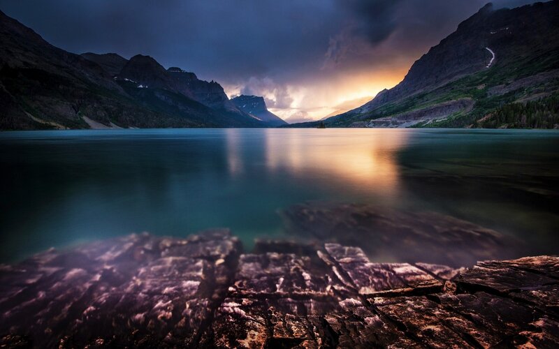 Mountain Lake at Dusk — Blue, Dramatic, Sunset, Photograph, Mountains, Sky